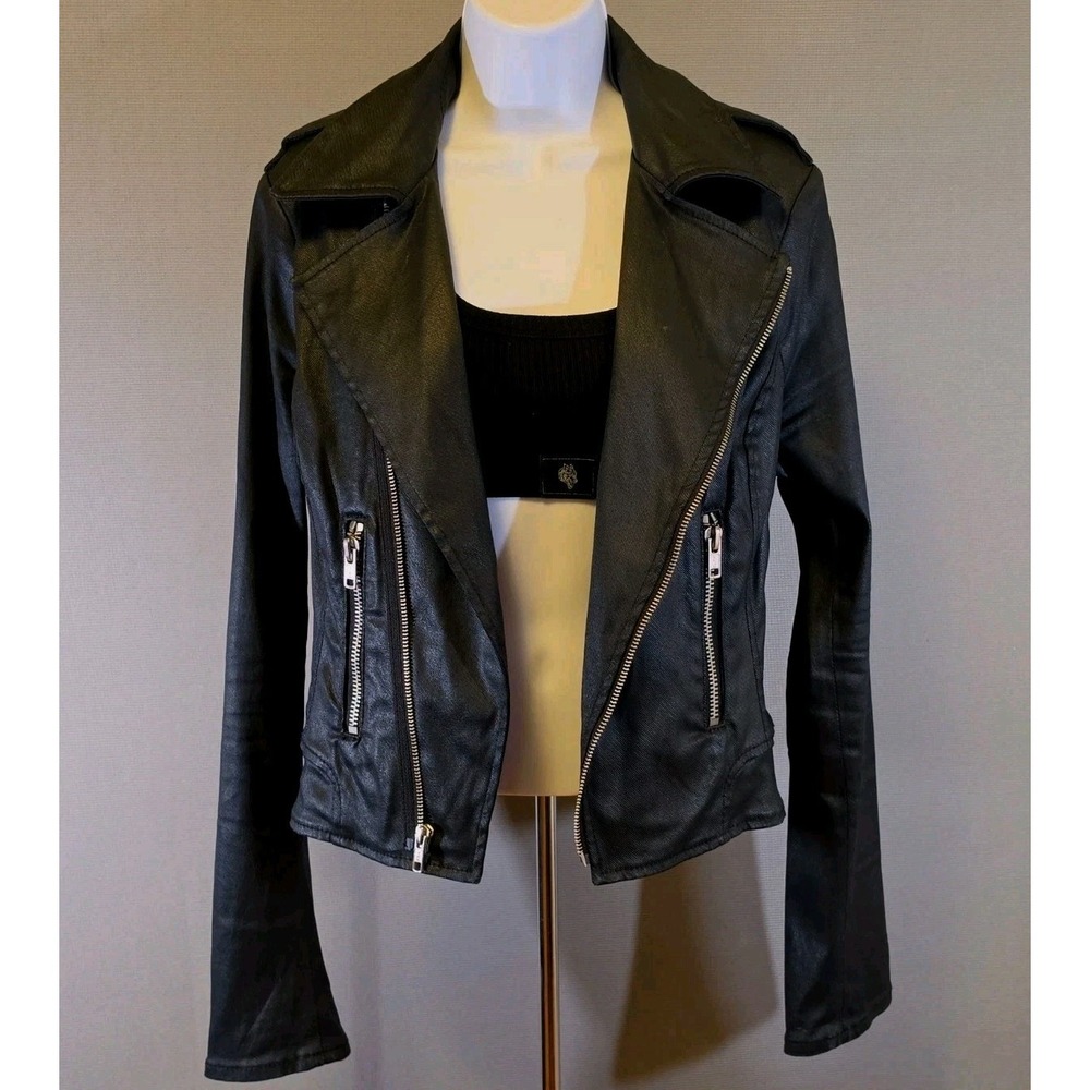 True Religion Women's Black Wax Coated Denim Moto Jacket Sz L Biker Grunge Punk - Picture 2 of 13